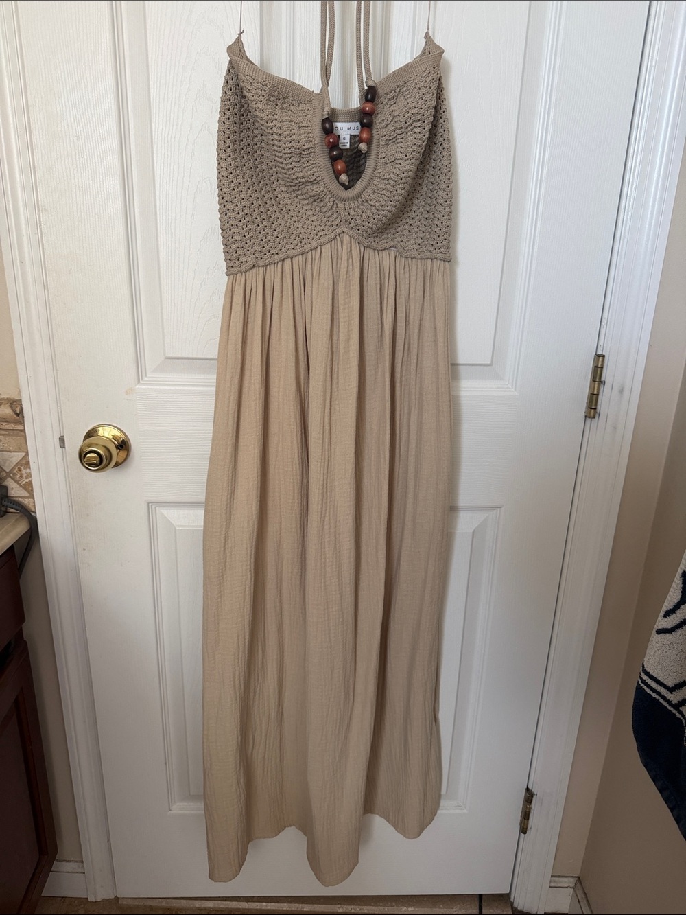 Crochet-Bodice Maxi Dress in Beige